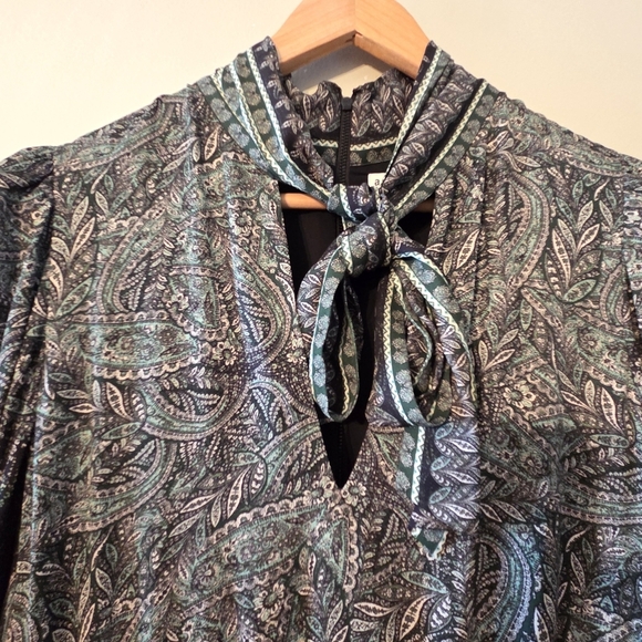 Alice + Olivia Tanisha Paisley Floral Long Sleeve with Neck Tie Green Dress 10 - Picture 10 of 16